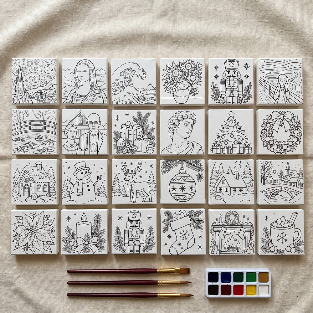 What is inside: 24 outlined mini canvases, brushes and watercolors