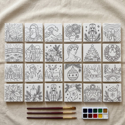 What is inside: 24 outlined mini canvases, brushes and watercolors