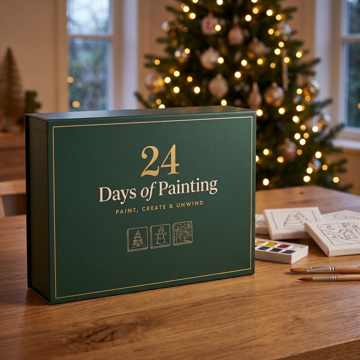 Cozy Canvas advent calendar box on a table in front of a Christmas tree