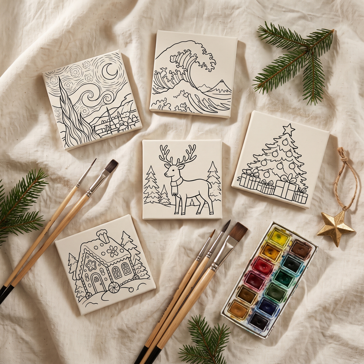 Unpainted outline canvases, brushes and watercolor pans for the Cozy Canvas advent calendar