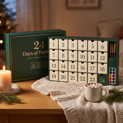 Cozy Canvas Painting Advent Calendar: forest green box with 24 numbered drawers and brushes