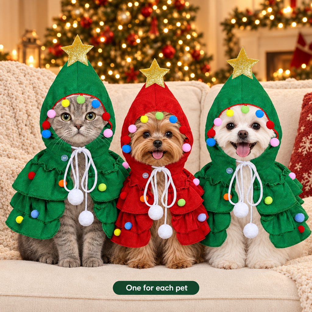 Three pets in matching Christmas tree costumes, one for each pet