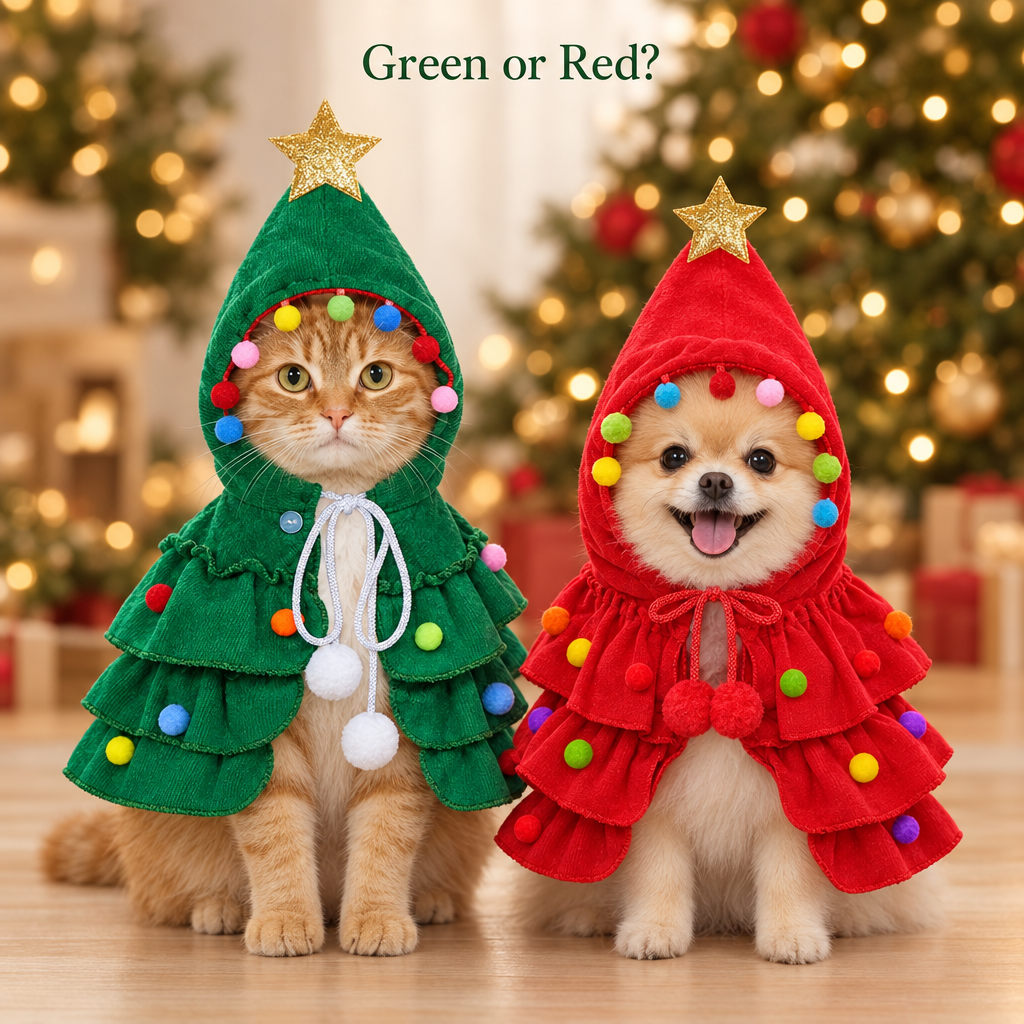 Cat in the green and small dog in the red Christmas tree pet costume