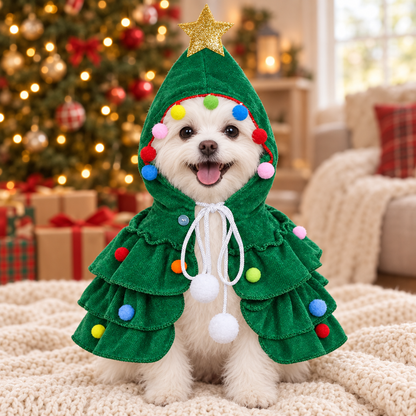 Small white dog wearing the green Christmas tree pet costume by the tree