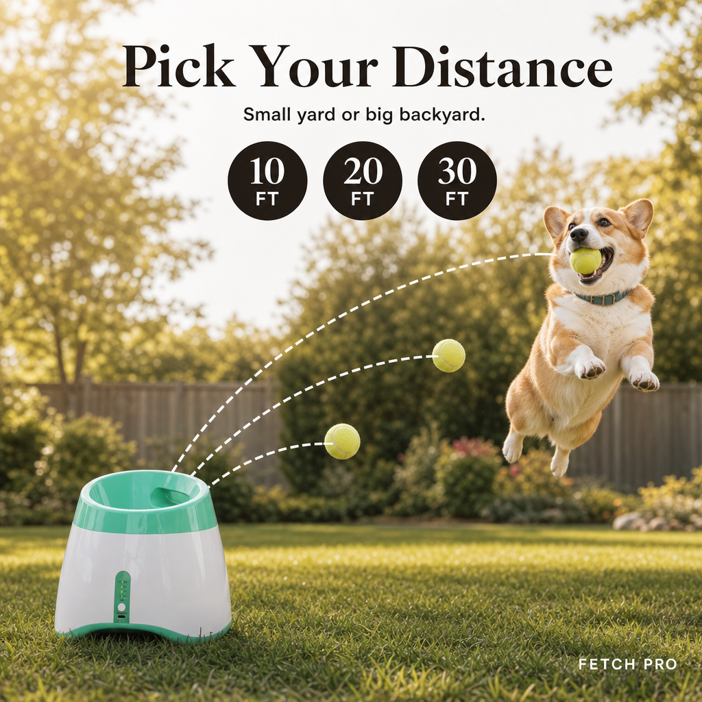 Fetch Pro with three selectable launch distances of 10, 20 and 30 feet