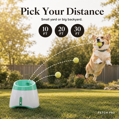 Fetch Pro with three selectable launch distances of 10, 20 and 30 feet