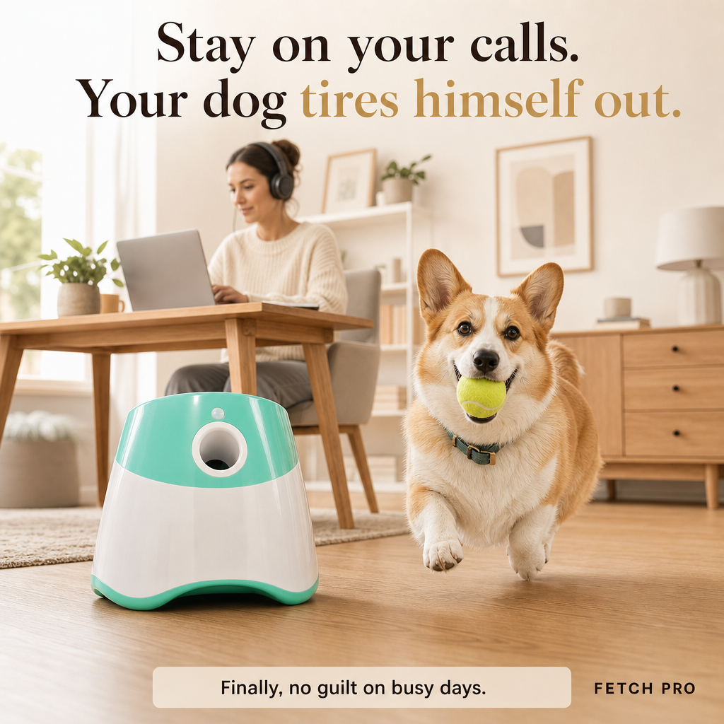 Dog playing fetch with Fetch Pro while owner works from home