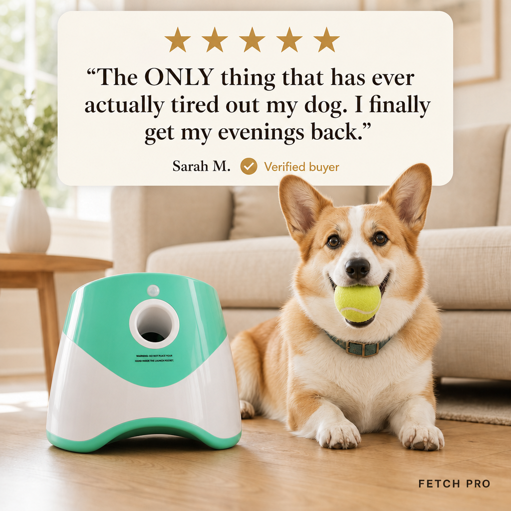 Fetch Pro ball launcher with Corgi and customer quote