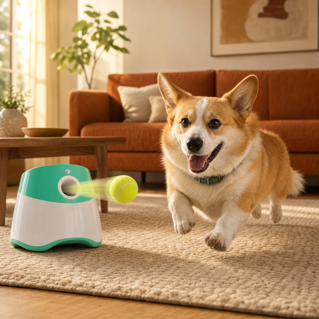 Corgi chasing a tennis ball launched by Fetch Pro