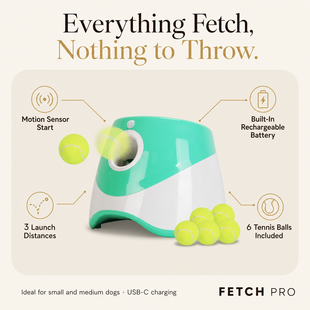 Fetch Pro features: motion sensor, rechargeable battery, 3 distances, 6 balls included