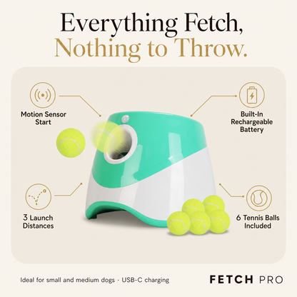 Fetch Pro features: motion sensor, rechargeable battery, 3 distances, 6 balls included
