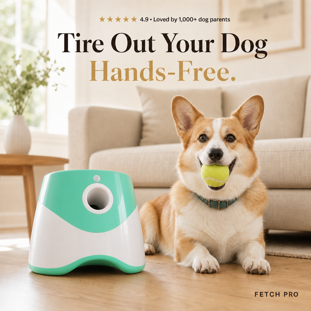 Fetch Pro automatic ball launcher with a Corgi holding a tennis ball in a bright living room