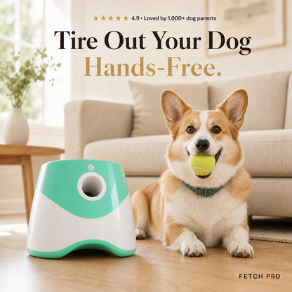 Fetch Pro automatic ball launcher with a Corgi holding a tennis ball in a bright living room