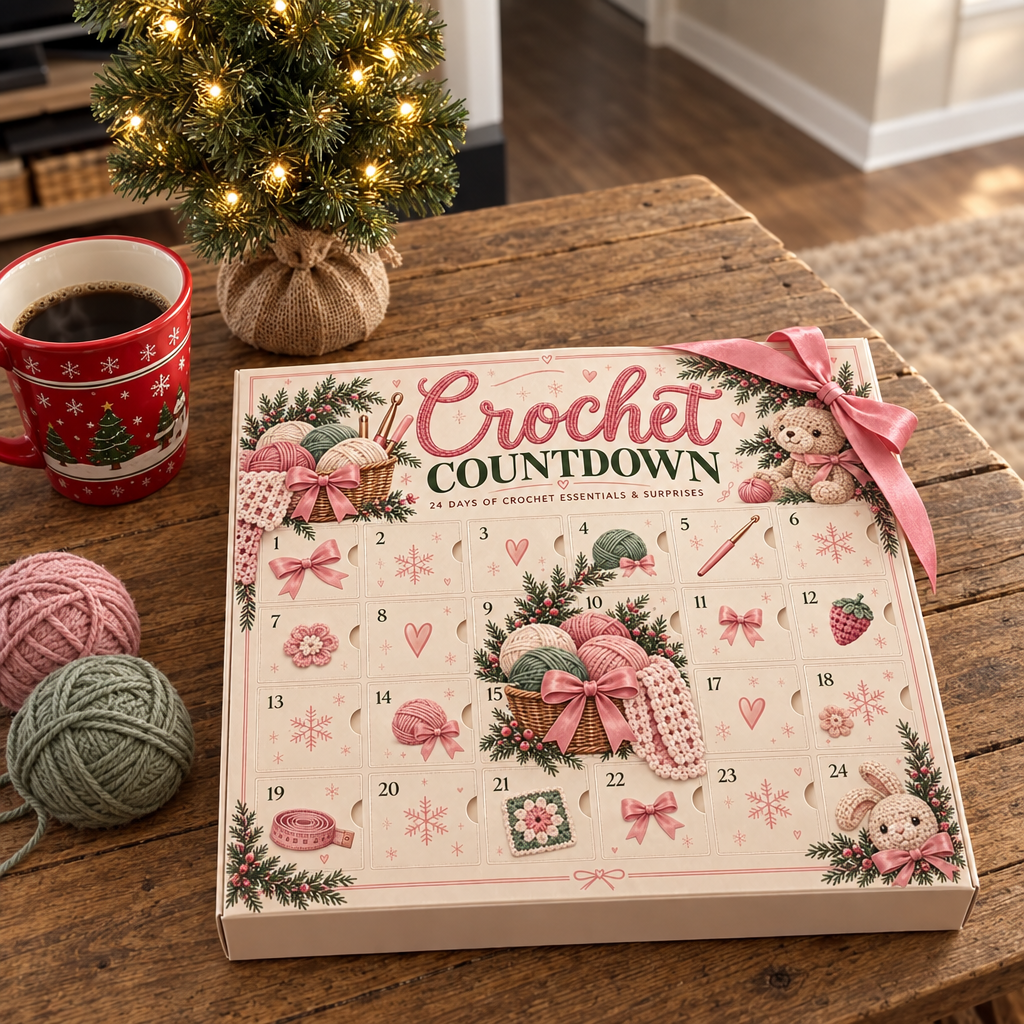 Crochet Countdown advent calendar on a cozy holiday table