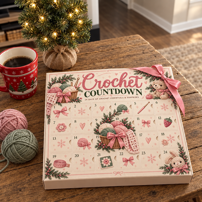 Crochet Countdown advent calendar on a cozy holiday table