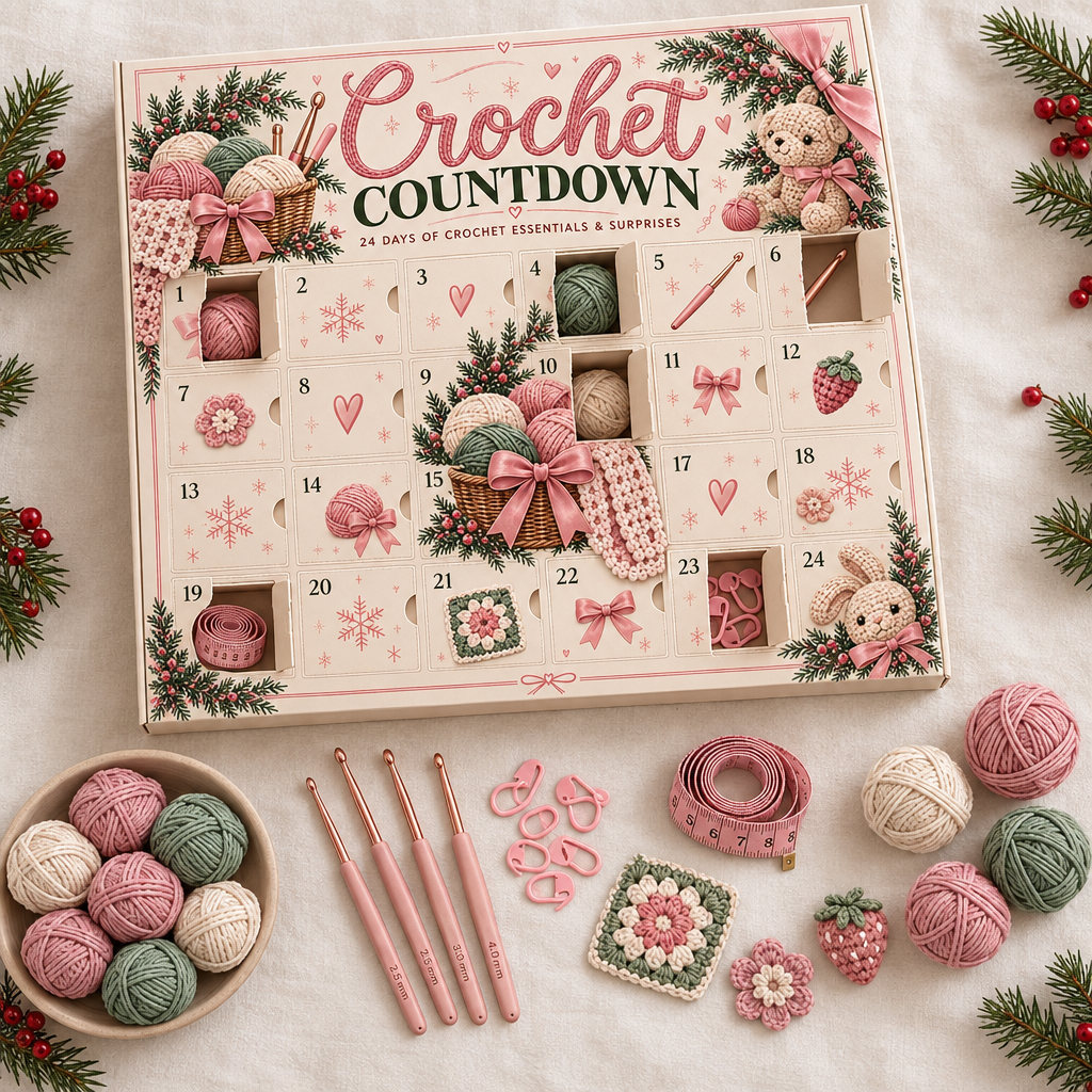 What's inside the Crochet Countdown advent calendar: mini yarn, crochet hooks, stitch markers and more
