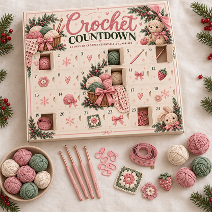 What's inside the Crochet Countdown advent calendar: mini yarn, crochet hooks, stitch markers and more