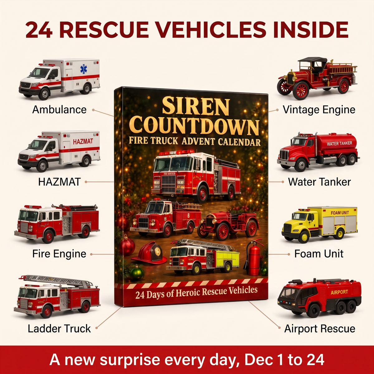 24 rescue vehicles inside the Siren Countdown advent calendar