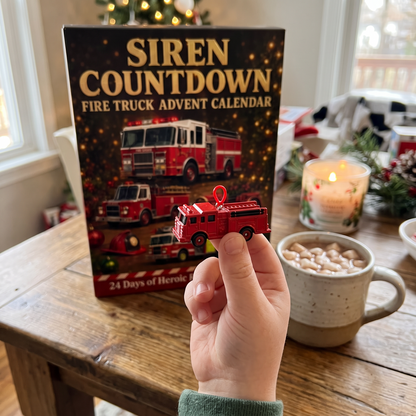 Child holding a mini fire engine from the Siren Countdown calendar