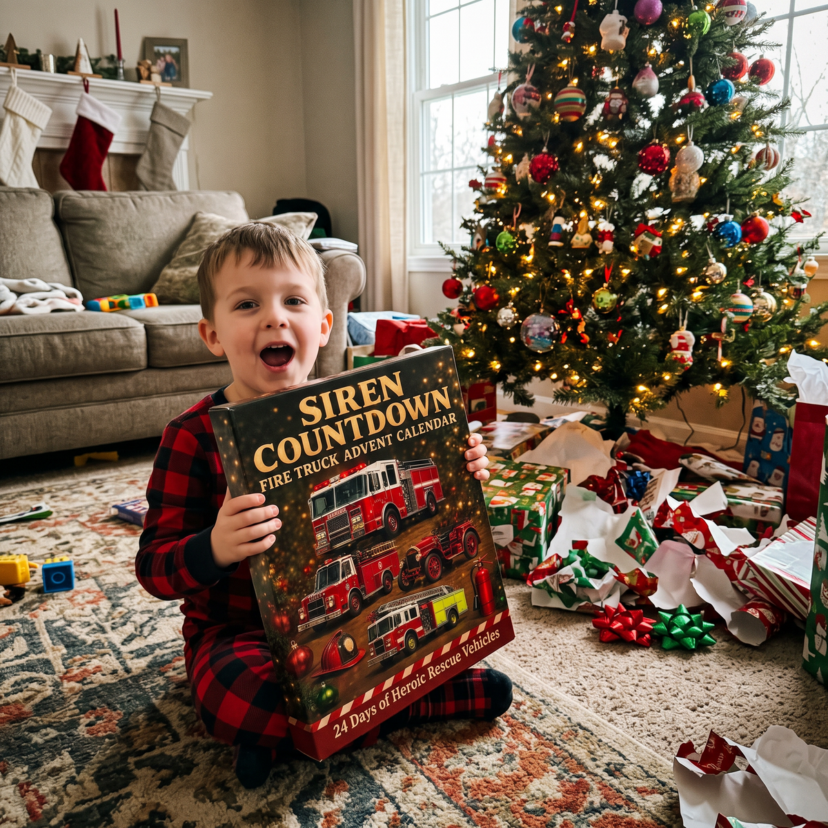 Excited boy holding the Siren Countdown advent calendar on Christmas morning