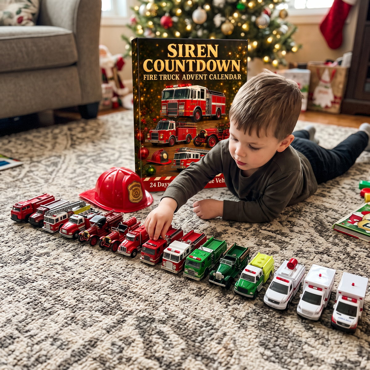 Boy playing with his Siren Countdown fire truck fleet