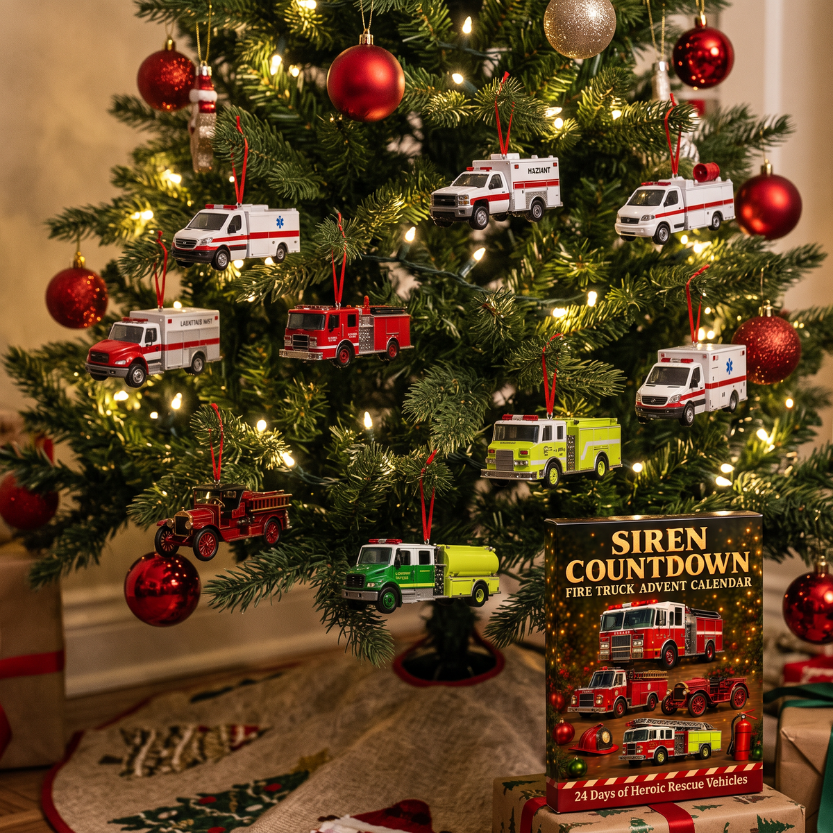 Siren Countdown rescue vehicles hung as Christmas tree ornaments