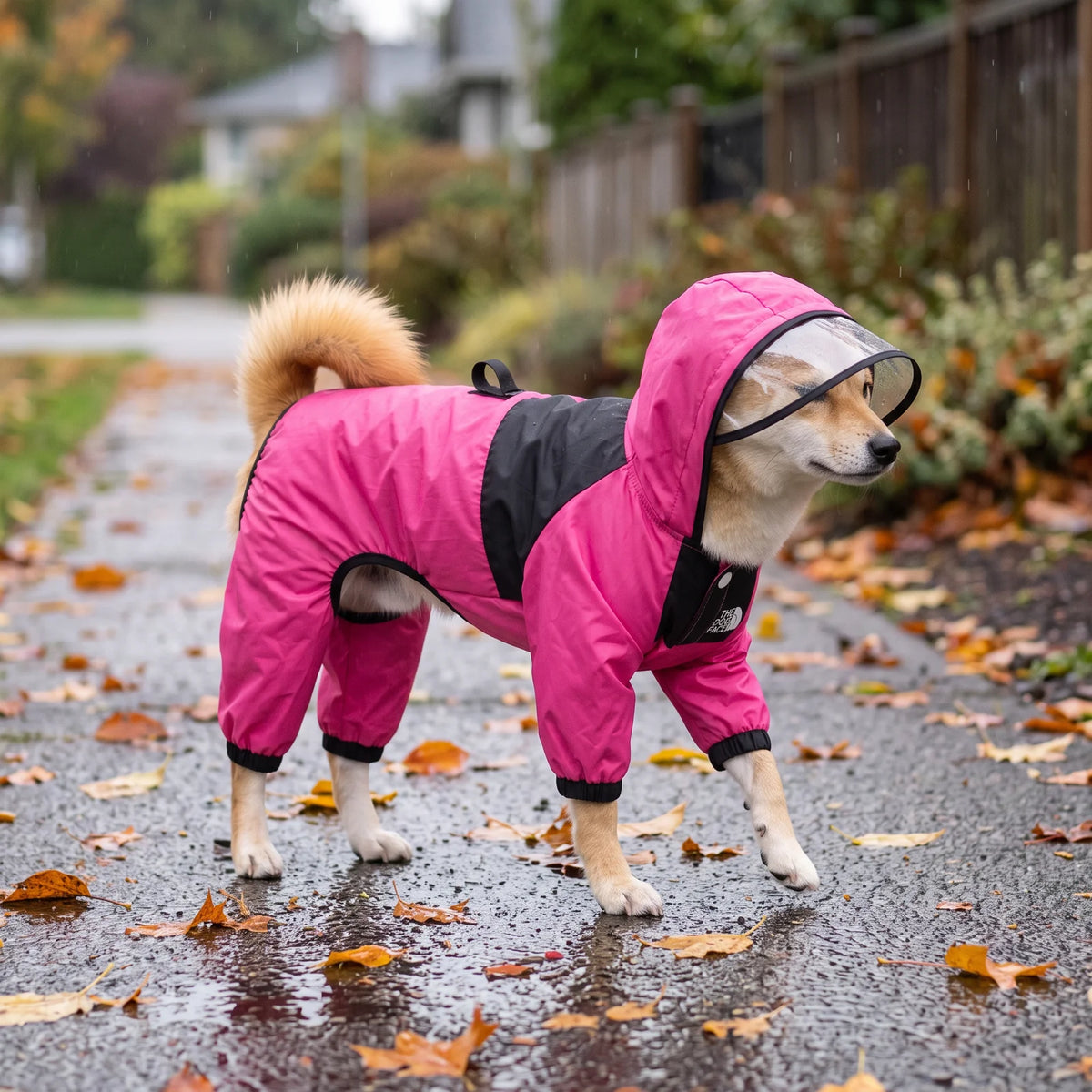 PuddlePup dog jacket worn on a wet neighborhood walk