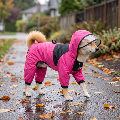 PuddlePup dog jacket worn on a wet neighborhood walk