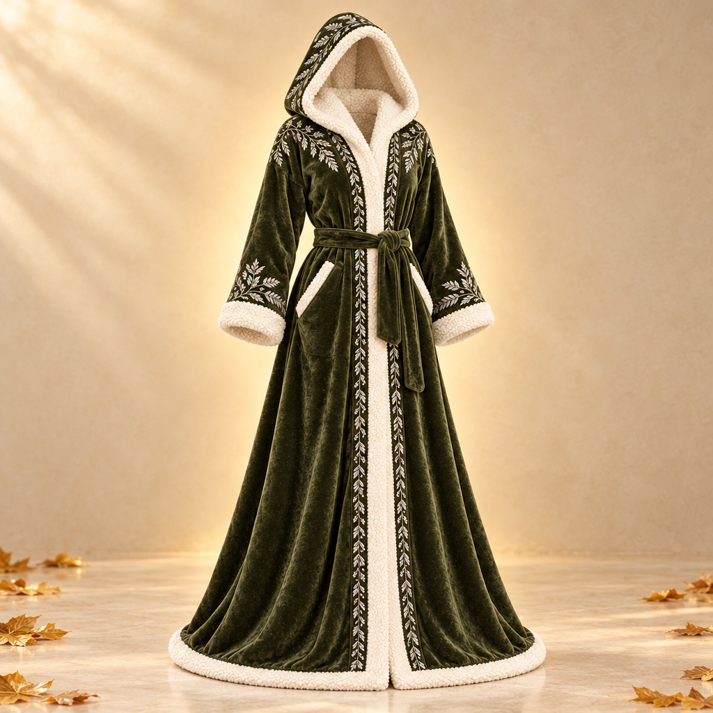 RealmWrap Heated Robe in Elven Woodland green with ivory sherpa trim