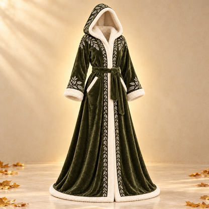 RealmWrap Heated Robe in Elven Woodland green with ivory sherpa trim