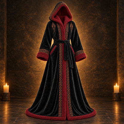 RealmWrap Heated Robe in Dark Tower black with burgundy sherpa trim