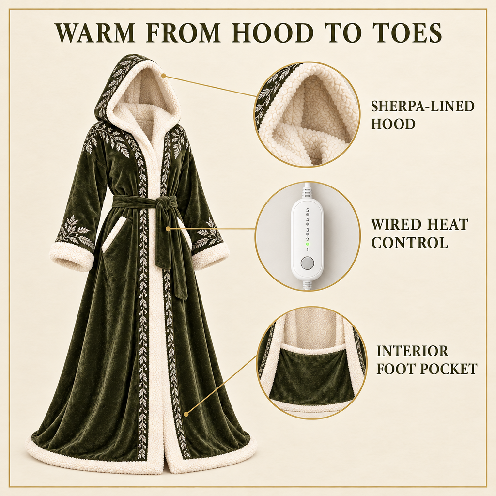 RealmWrap features: sherpa-lined hood, wired heat control, interior foot pocket