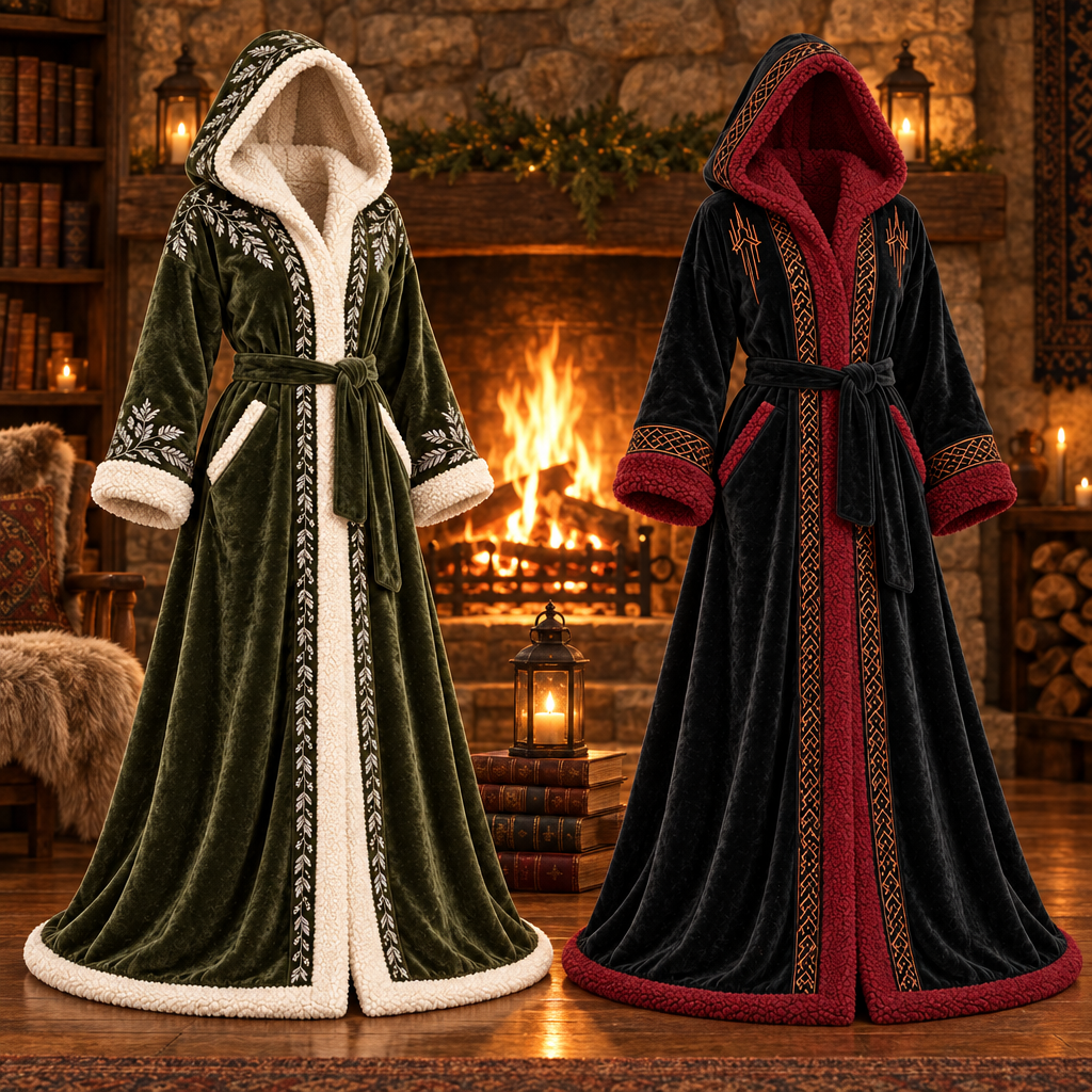 Elven Woodland and Dark Tower RealmWrap robes side by side by the fire