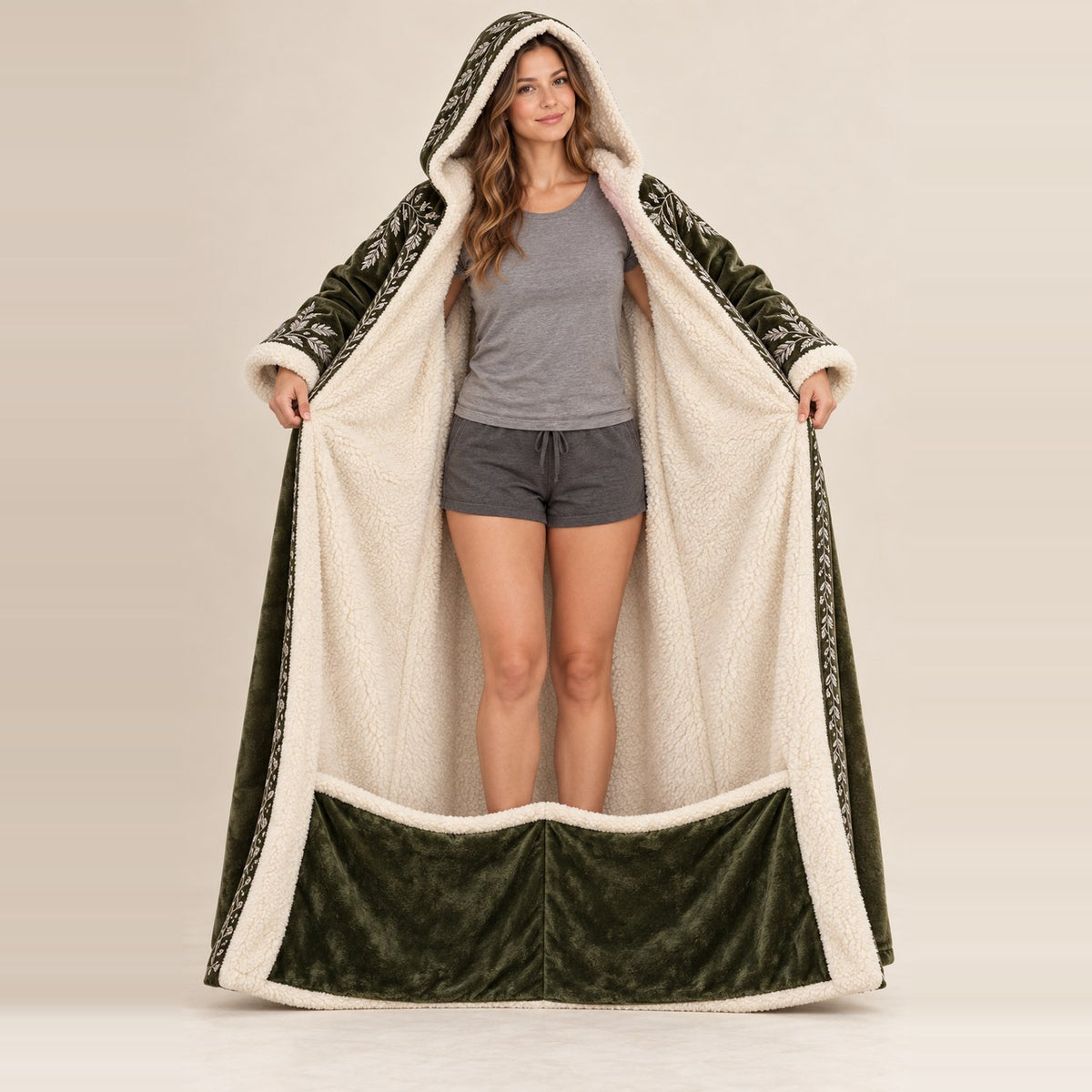 Inside the Elven Woodland robe: sherpa lining and interior foot pocket panel