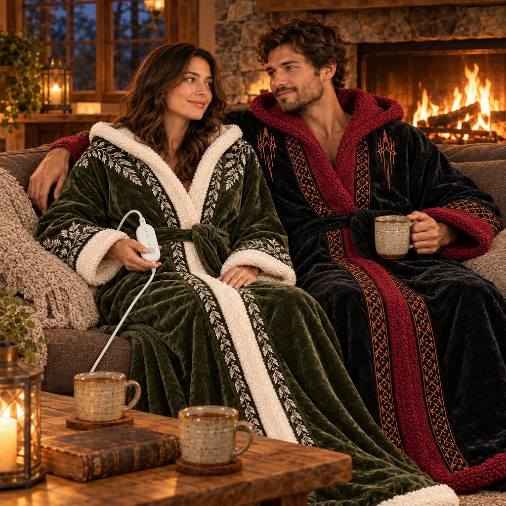 Couple wearing both RealmWrap robes by the fireplace