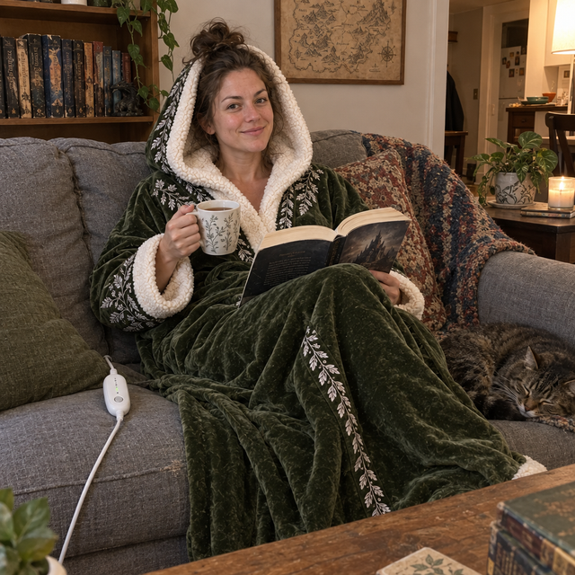 Reading on the couch in the Elven Woodland robe