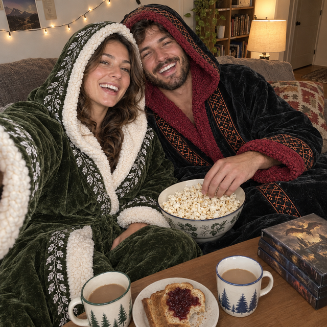 Couple in matching RealmWrap robes on movie marathon night