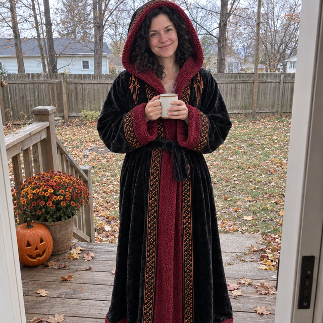 Morning coffee on the porch in the Dark Tower robe